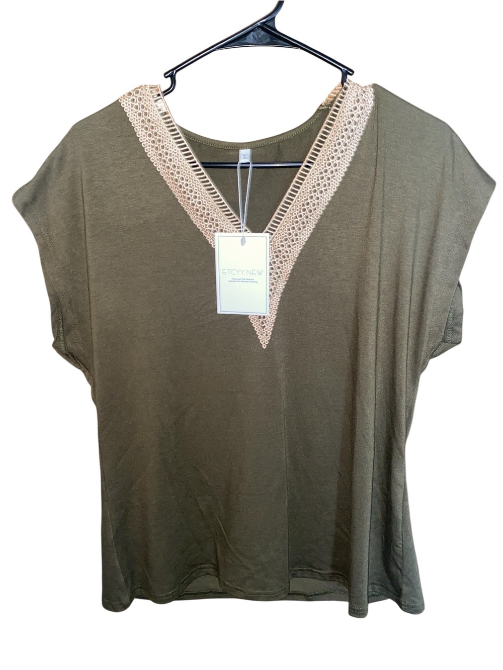 Women's Cap Sleeve Lace V Neck Loose Pit Trendy Casual Blouse NWT SZ L - Picture 2 of 5